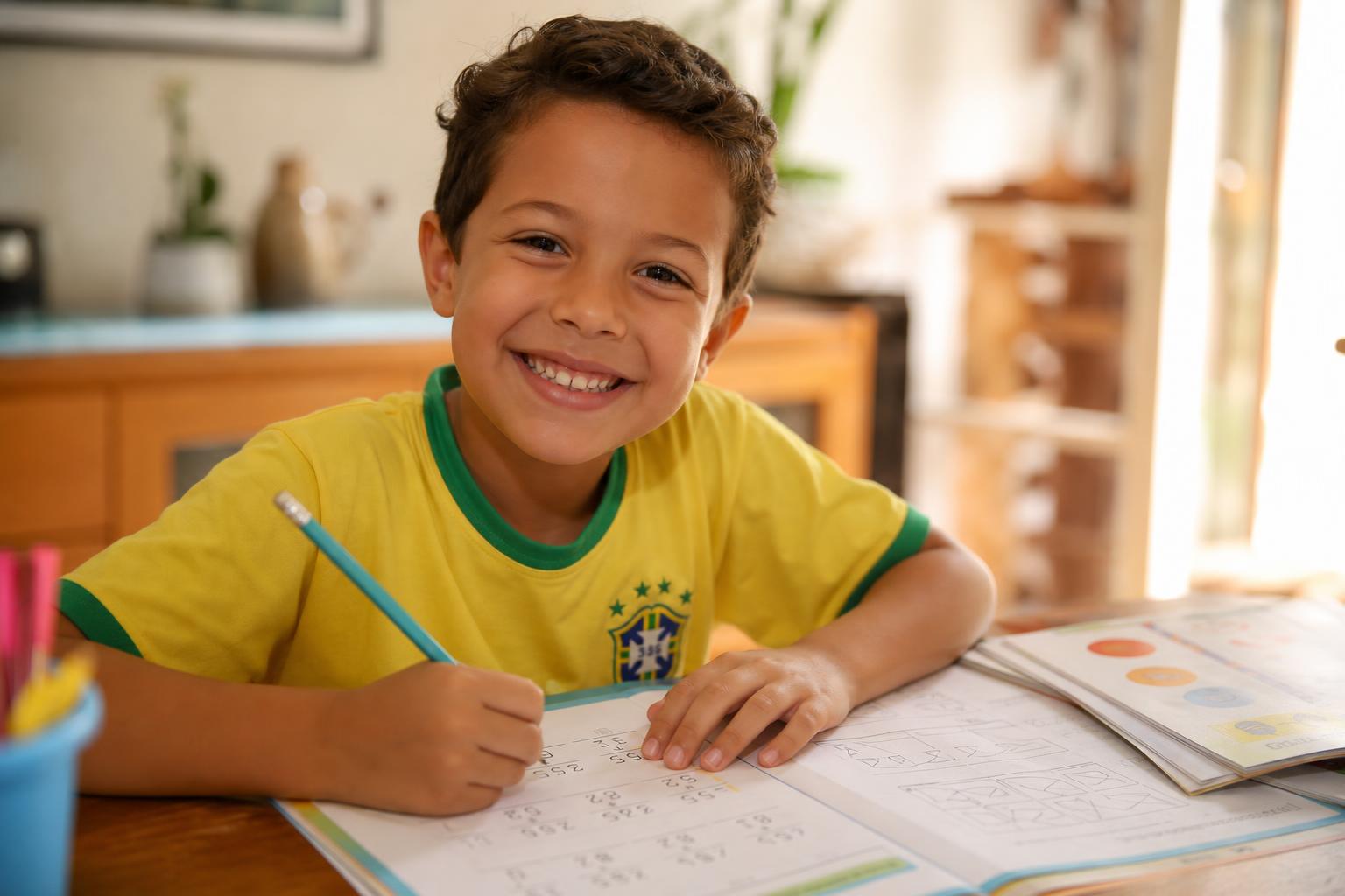 Criança feliz fazendo atividades de matemática